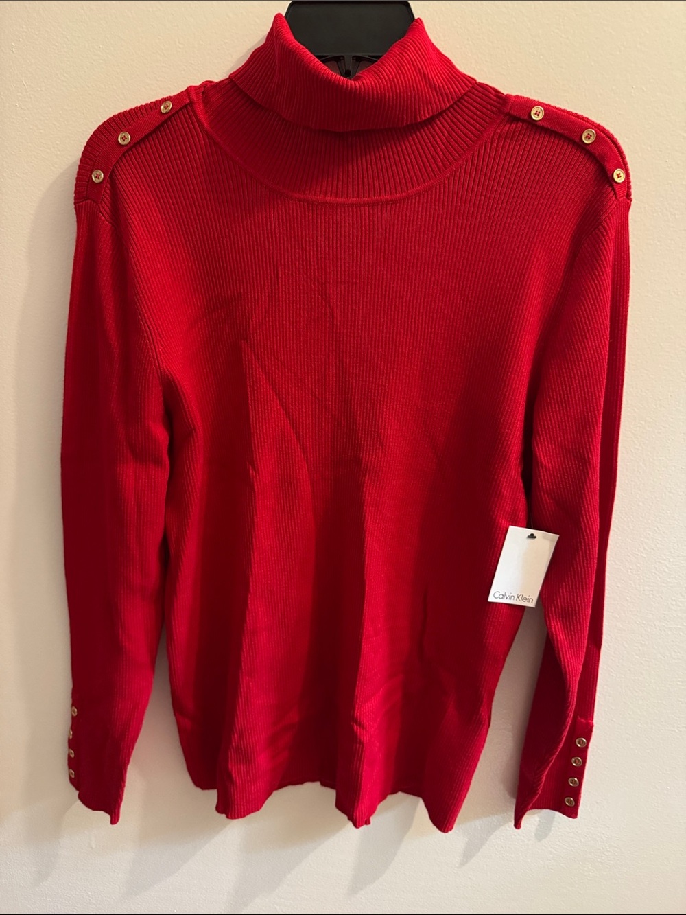 Calvin Klein Red Ribbed Turtleneck Sweater with Gold Buttons
